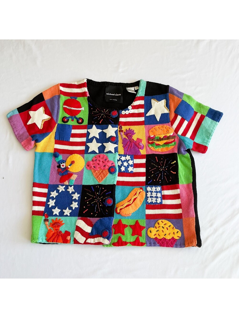 Michael Simon Vintage Summer Festive Patchwork Sweater Embroidered Camp Sml